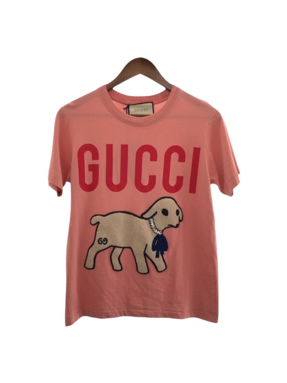Gucci Sheep Embroidery Rhinestone Pink Cotton Jbsx Short Sleeve T-Shirt XS